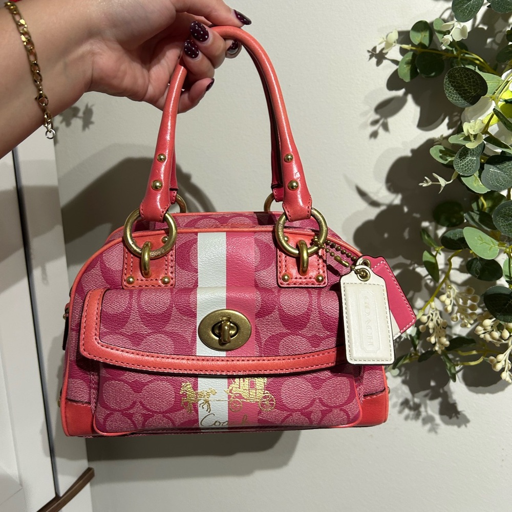Coach Pink Signature Stripe Satchel with White Stripe